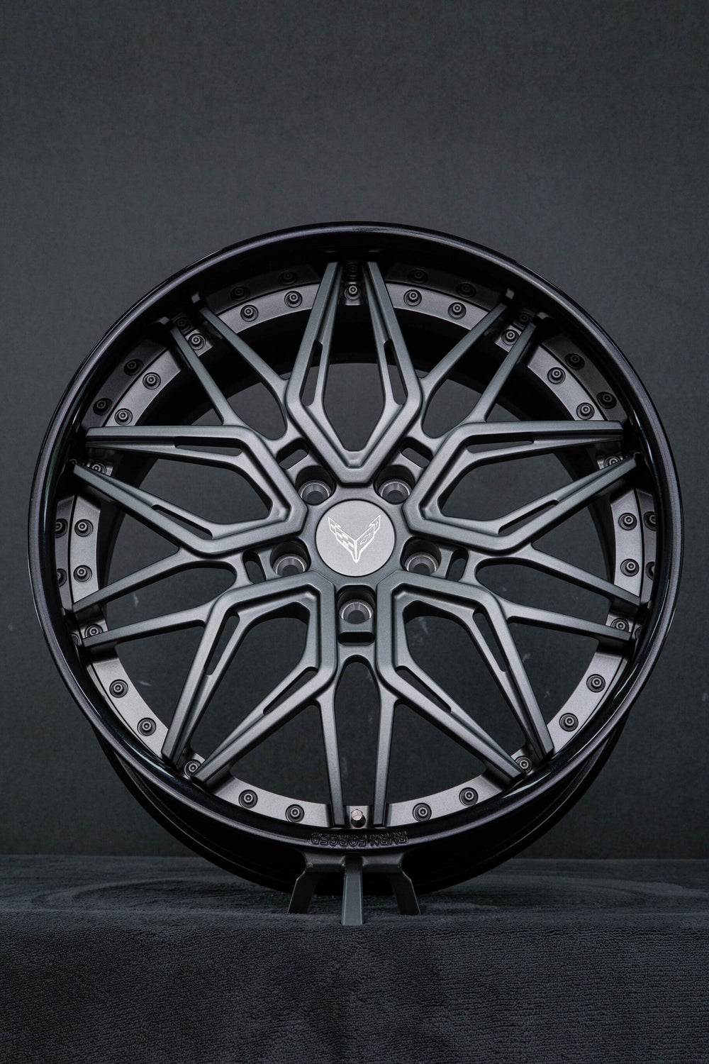 Angled studio view of the Matte Gunmetal mesh RVRN RV-T081 forged wheel, 2024 Corvette C8 Z51 build