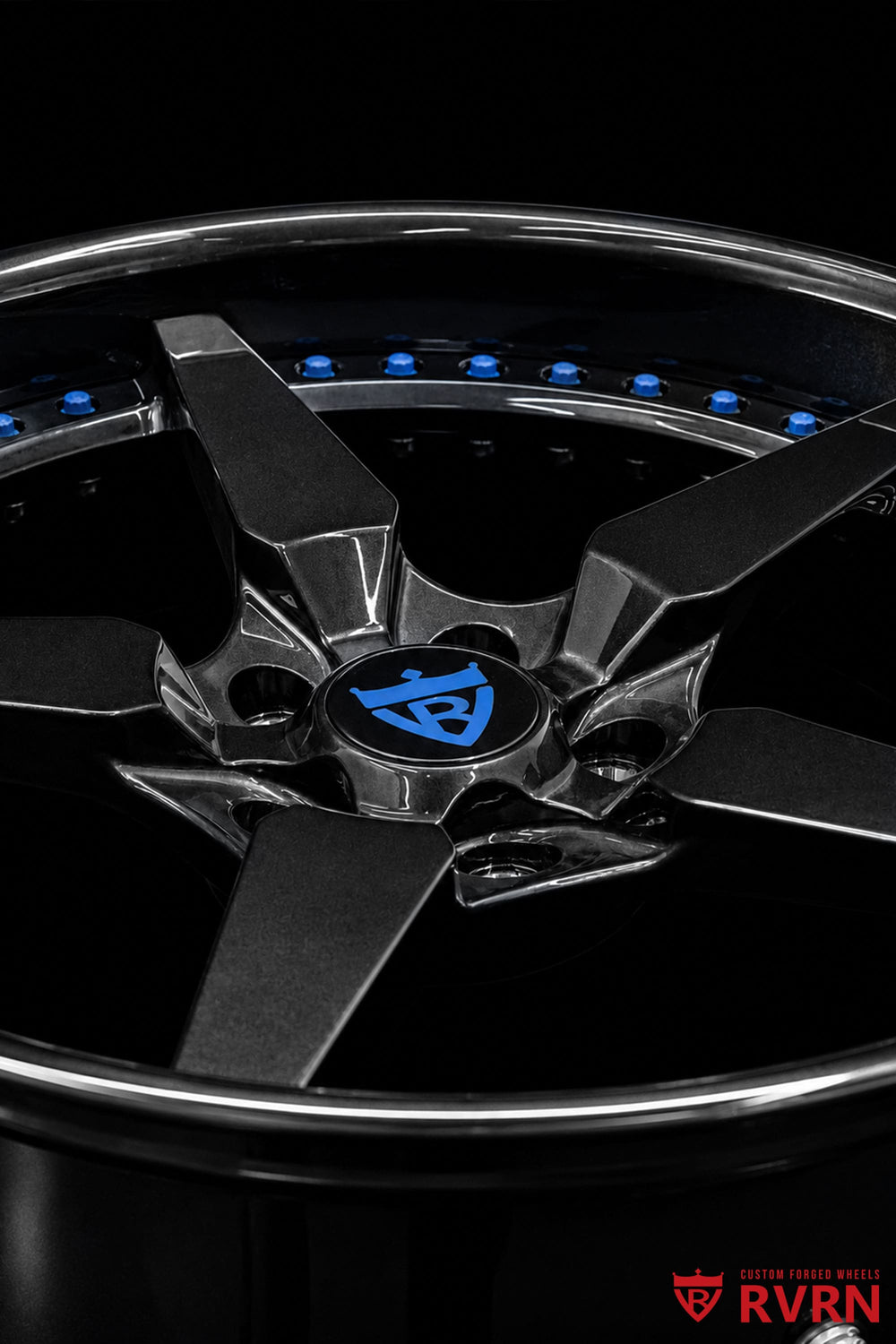 Rear 19x11 +48MM staggered forged wheel fitment for the 2024 Ford Mustang Dark Horse using RVRN RV-DF14 wheels.