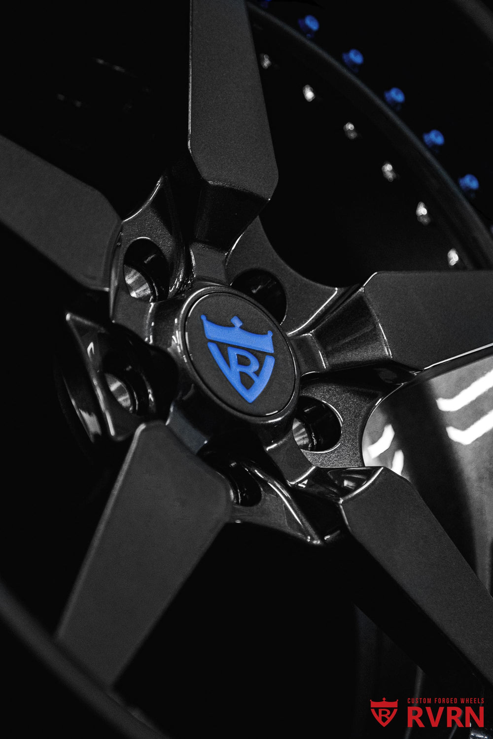 Close-up of the RVRN RV-DF14 5-spoke forged wheel in All Gloss Gunmetal, showcasing precision-machined 2-piece construction.