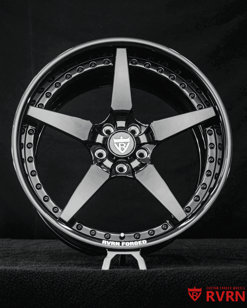 Ford Mustang wheels RV-DF14 front angle on 2024 Mustang GT, 20x10 +35MM gloss black two piece forged wheel