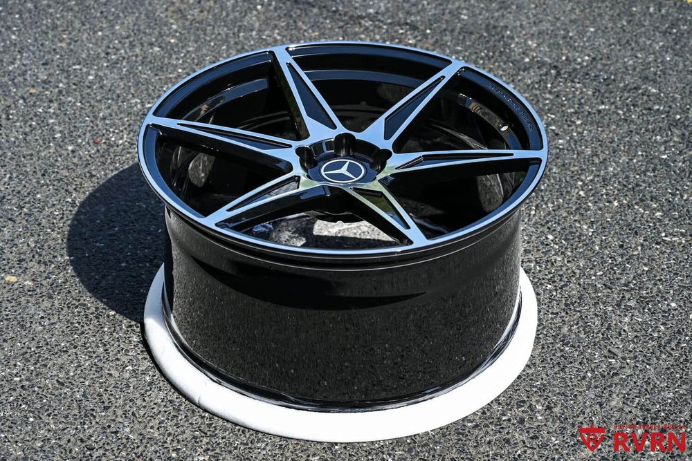 Front view of 21 inch black concave wheels for Mercedes AMG GT43