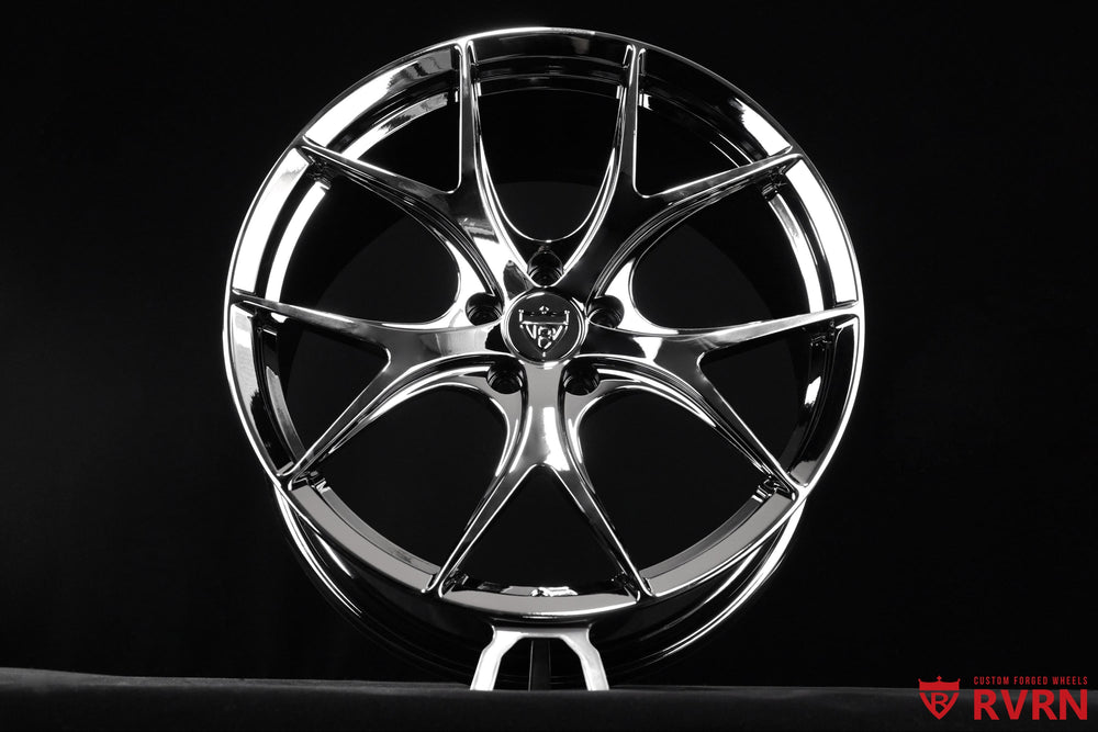 Wheel face detail of RVRN RV-MR05 black chrome forged wheels for the Mercedes CLE 300, featuring a directional Y-spoke profile and 20x8 front sizing
