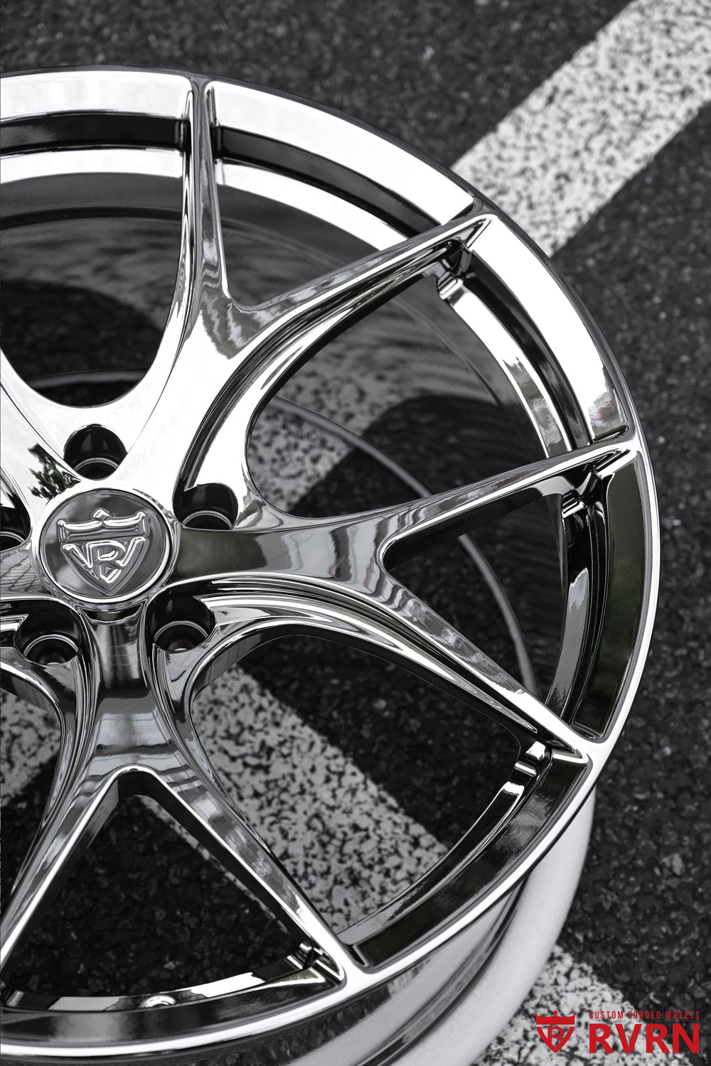 RVRN RV-MR05 Mercedes Y-spoke wheels featuring an all black chrome finish and custom 20x8 front, 20x10 rear sizing
