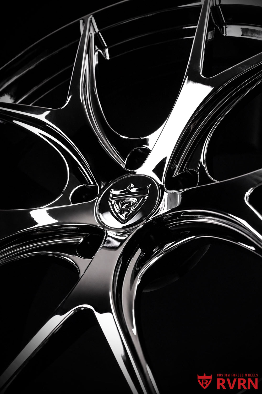 Detailed view of RVRN RV-MR05 Mercedes forged wheels showing the Y-spoke design and deep black chrome finish, 20x8 +27MM front fitment