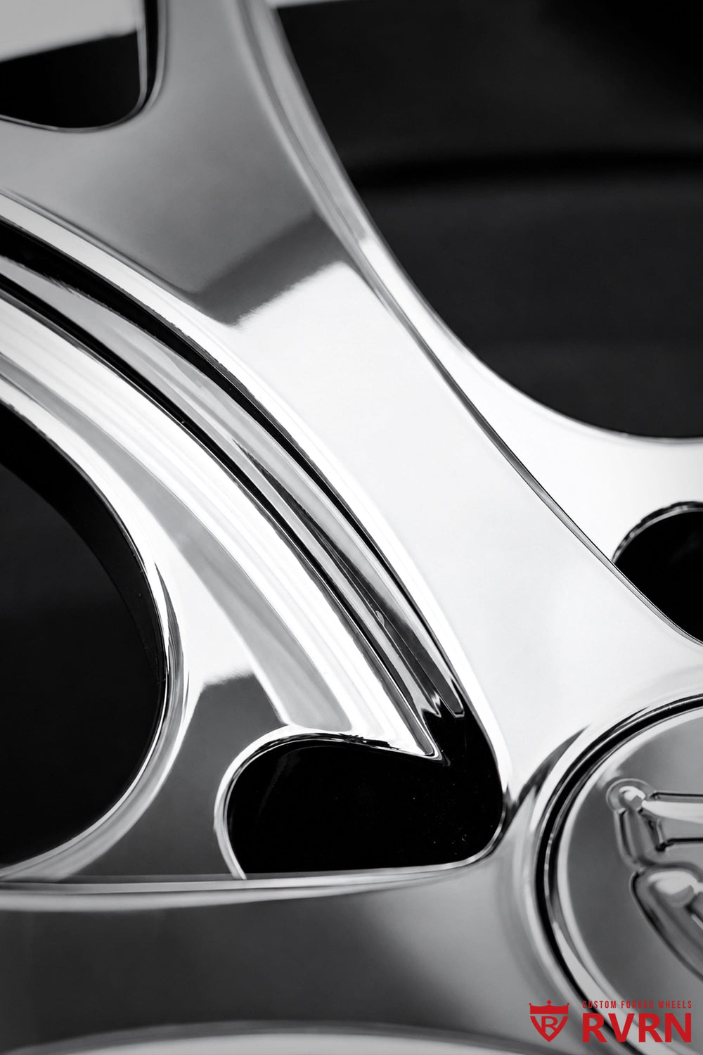 Detailed view of RVRN RV-MR05 Mercedes forged wheels showing the Y-spoke design and deep black chrome finish, 20x8 +27MM front fitment