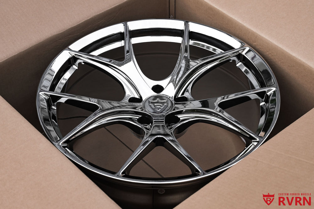 Custom Benz Y-spoke wheels by RVRN RV-MR05 for the 2024 Mercedes CLE 300 Convertible, finished in black chrome with 20x8 and 20x10 fitment