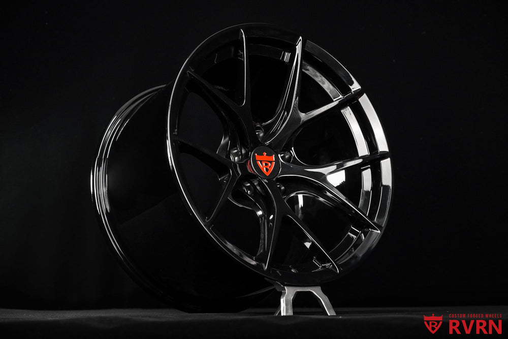 Custom Nissan Z NISMO wheels by RVRN featuring the RV-MR05 concave Y-spoke design in all gloss black, engineered in 18x11.5 +15 sizing.