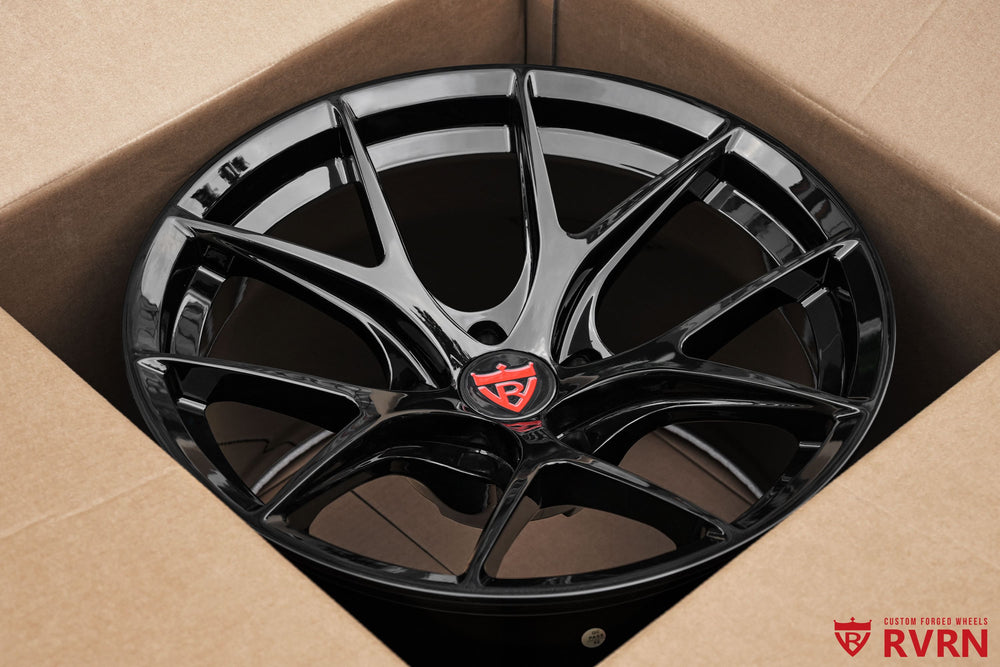 Detailed view of the RVRN RV-MR05 Y-spoke forged wheel design for the 2024 Nissan Z NISMO in gloss black, custom built in 18x11.5 +15 fitment.