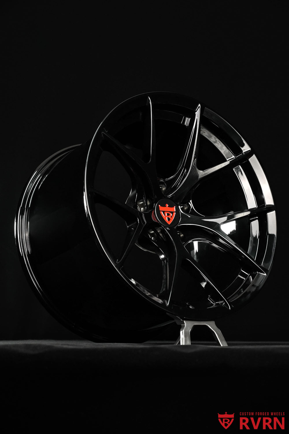 RVRN RV-MR05 forged black rims installed on a 2024 Nissan Z NISMO, featuring aggressive concave Y spokes and custom 18x11.5 +15 fitment.