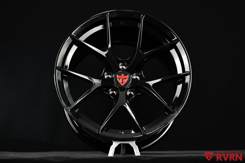 Gloss black Y-spoke wheels from RVRN RV-MR05 series, custom forged for a 2024 Nissan Z NISMO with 18x11.5 +15 front and rear fitment.