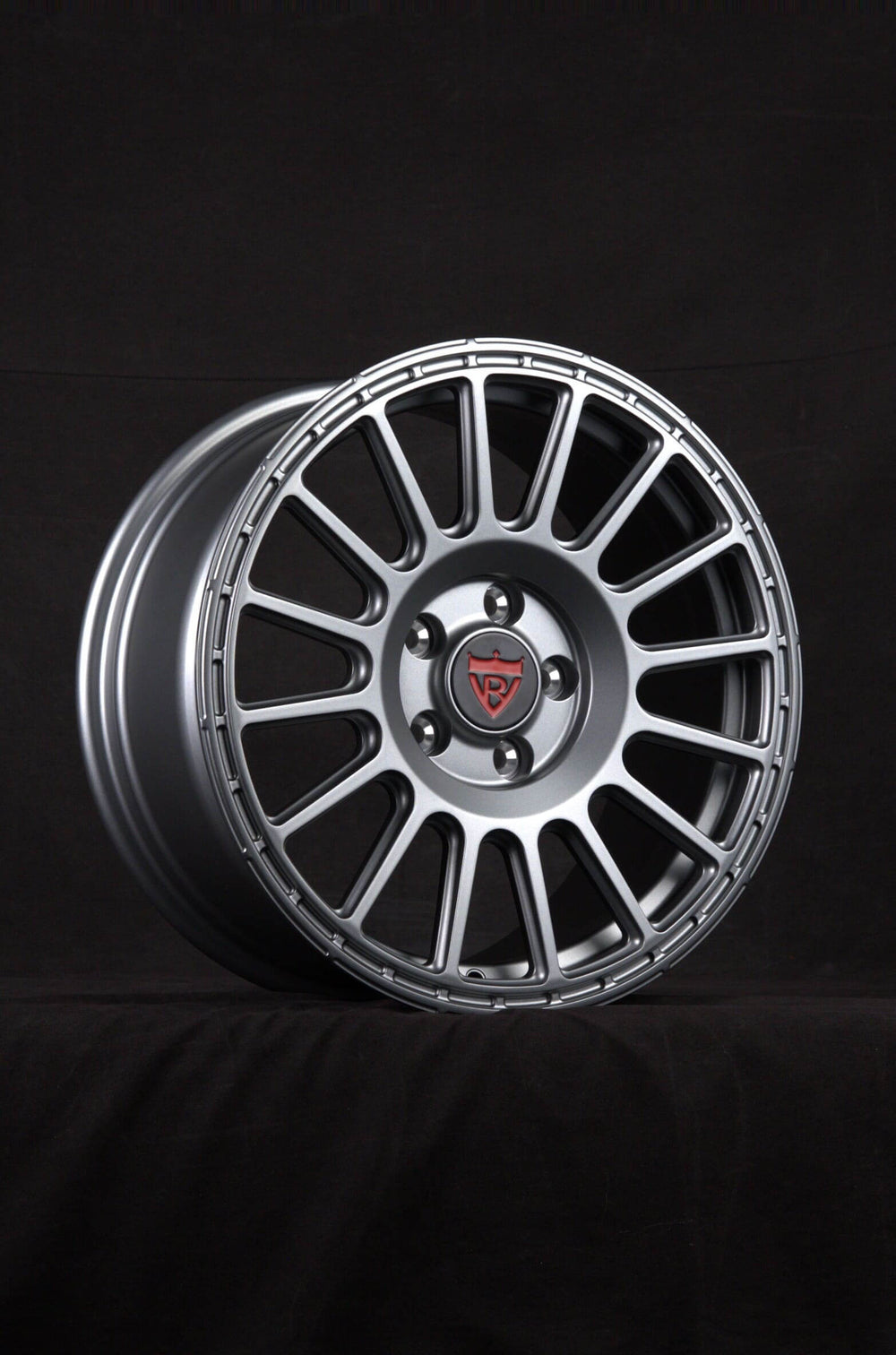 Close-up of RVRN forged 17x8 Toyota truck wheel in matte gunmetal