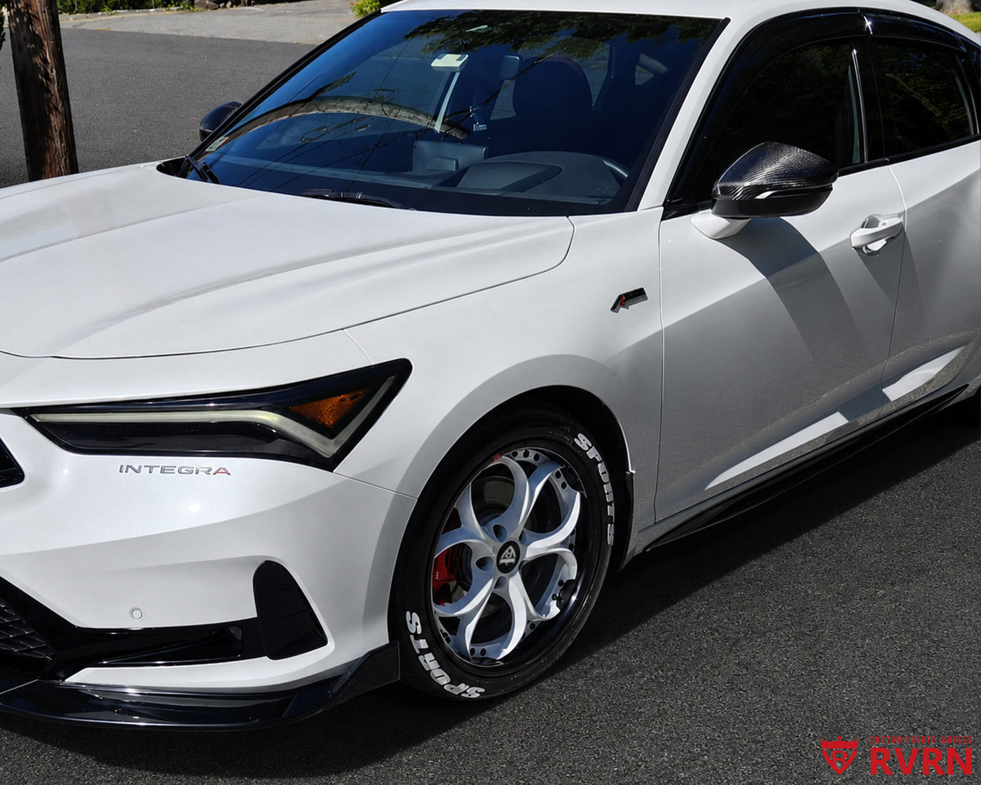 Front three-quarter view of a 2024 Acura Integra A-Spec Tech on RVRN RV-DS016 deep dish forged 2-piece wheels with pearl white spokes and gloss black barrels.