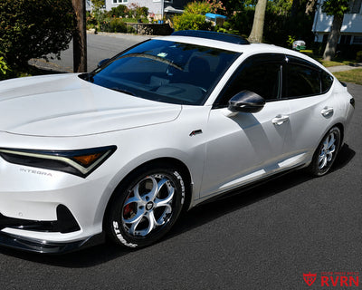 Front side view of a white 2024 Acura Integra A-Spec Tech with RVRN RV-DS016 deep dish 2-piece forged wheels.