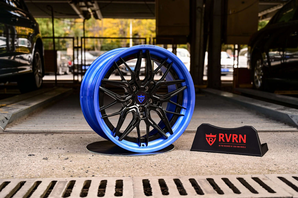 2024 Ford Mustang on RVRN RV-C081 forged wheels in Glossy Black Spoke with Brushed Blue Barrel (photo 02)
