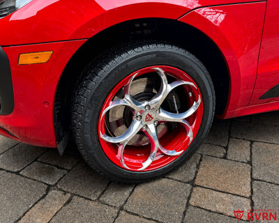 2024 Porsche Macan GTS on RVRN RV-MS016 custom forged wheels, front wheel close-up showing the Michelin Pilot Alpin 5 winter tire and Porsche brake caliper.