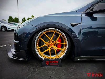 2024 Tesla Model Y Performance rims with RVRN RV-DR08 Y-spoke custom forged wheels in transparent dark gold with polished aluminum lips, 21x9.5 front and 21x10.5 rear.