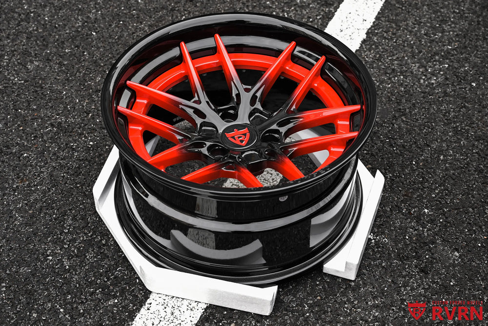 2025 Chevrolet Corvette C8 Z06 RV-DR08D Y-Spoke Concave Deep Dish Forged 2-Piece wheel in Gloss Black and RVRN Red Gradient finish, elevated product view showing the red flange, black outer barrel, deep concavity, and layered two-piece construction