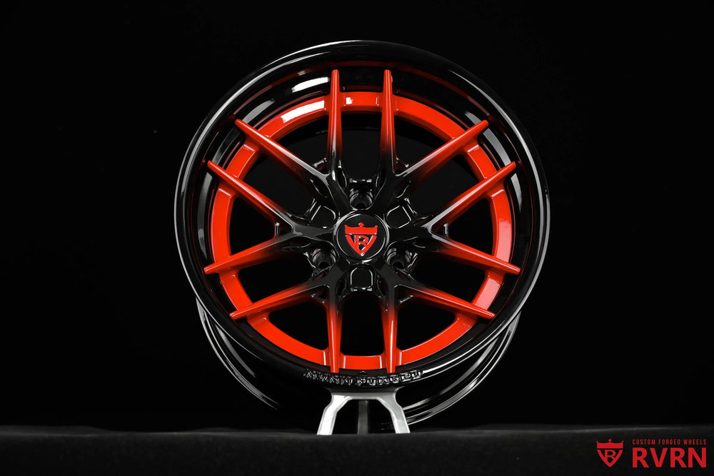 2025 Chevrolet Corvette C8 Z06 RV-DR08D Y-Spoke Concave Deep Dish Forged 2-Piece wheel with Gloss Black to RVRN Red Gradient Spoke, RVRN Red Flange, and Gloss Black Barrel, straight-on product view highlighting the spoke pattern and deep barrel depth