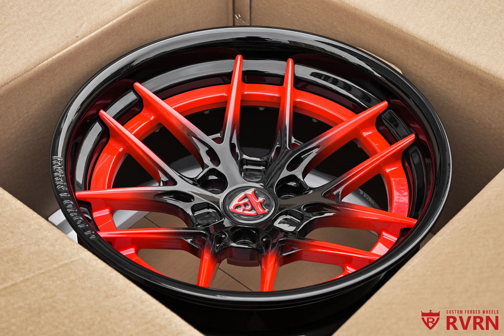 2025 Chevrolet Corvette C8 Z06 RV-DR08D Y-Spoke Concave Deep Dish Forged 2-Piece wheel with black and red gradient spokes, red flange, and gloss black barrel, front three-quarter studio view showing the concave face and deep-dish stance