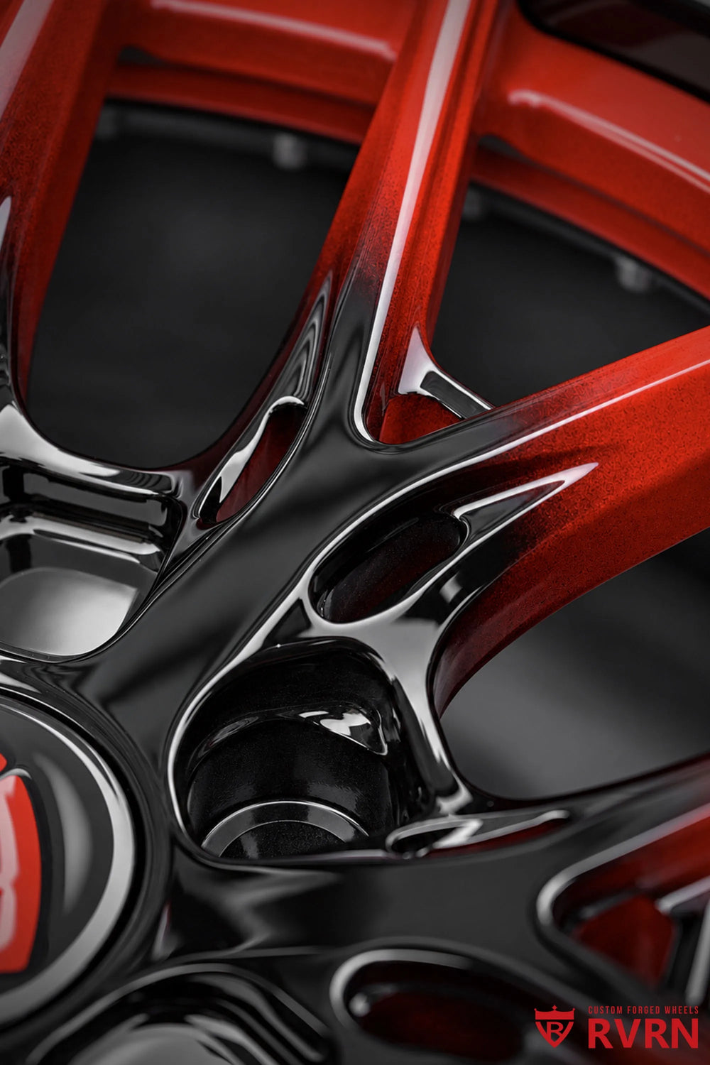 2025 Chevrolet Corvette C8 Z06 RV-DR08D Y-Spoke Concave Deep Dish Forged 2-Piece wheel in Gloss Black and RVRN Red, detailed view of the red gradient spoke edges, red flange ring, black screws, and concave wheel geometry