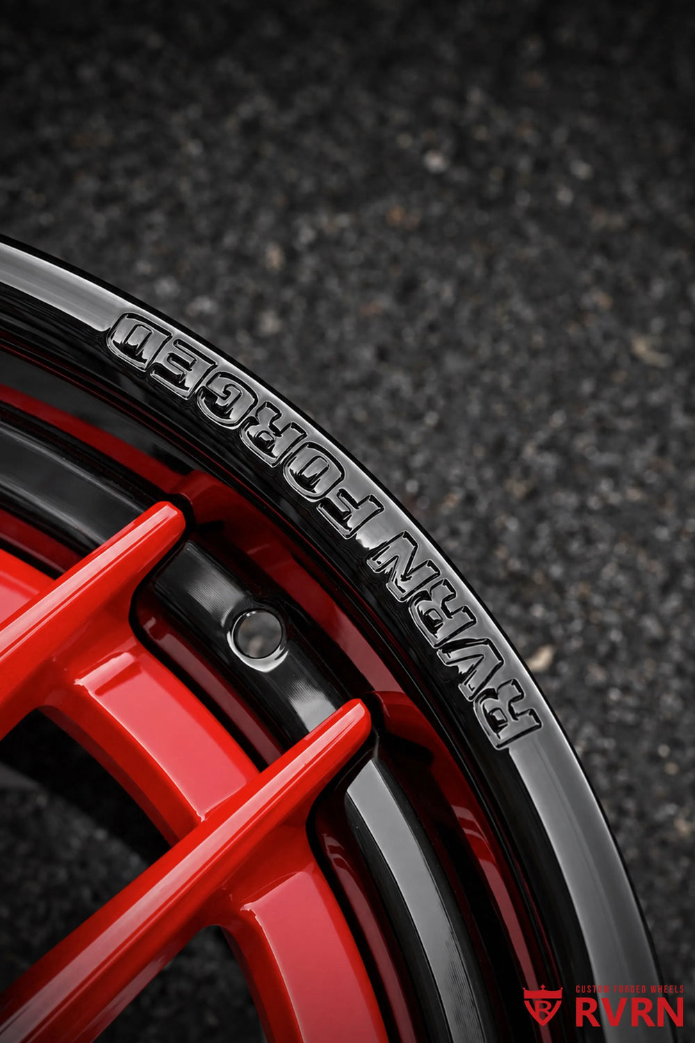 2025 Chevrolet Corvette C8 Z06 RV-DR08D Y-Spoke Concave Deep Dish Forged 2-Piece wheel with Gloss Black Barrel and RVRN Red Gradient Spoke and Flange, angled detail showing the outer lip edge, red inner ring, and black hardware