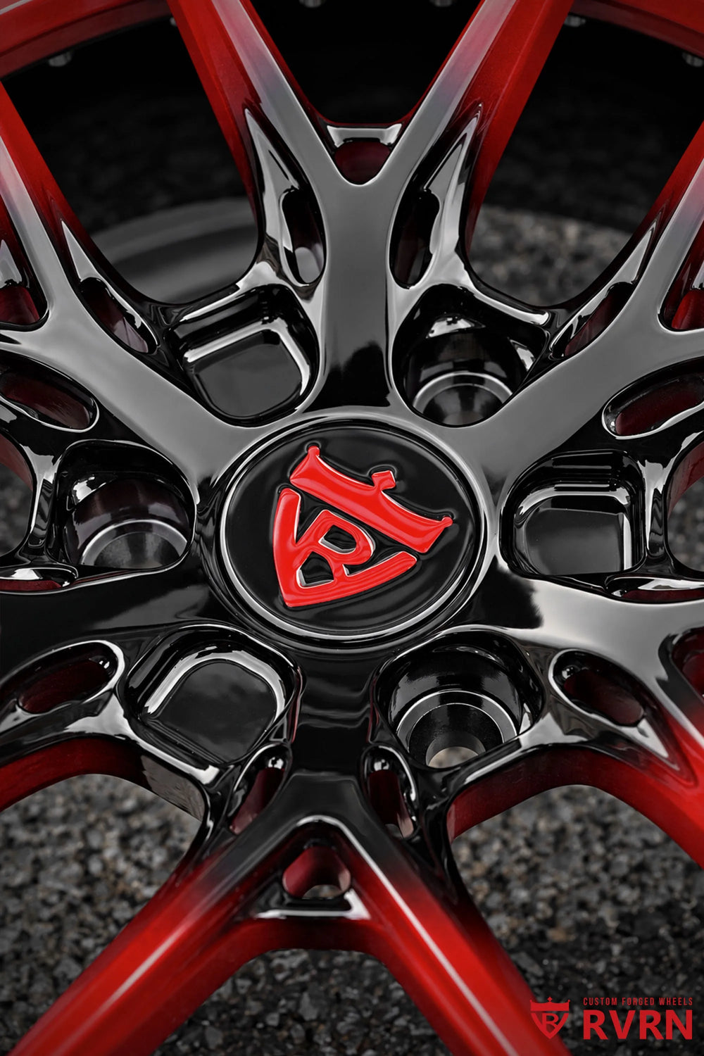 2025 Chevrolet Corvette C8 Z06 RV-DR08D Y-Spoke Concave Deep Dish Forged 2-Piece wheel with Gloss Black to RVRN Red Gradient Spoke, RVRN Red Flange, Gloss Black Barrel, and Black Screws, close-up center cap and spoke junction view