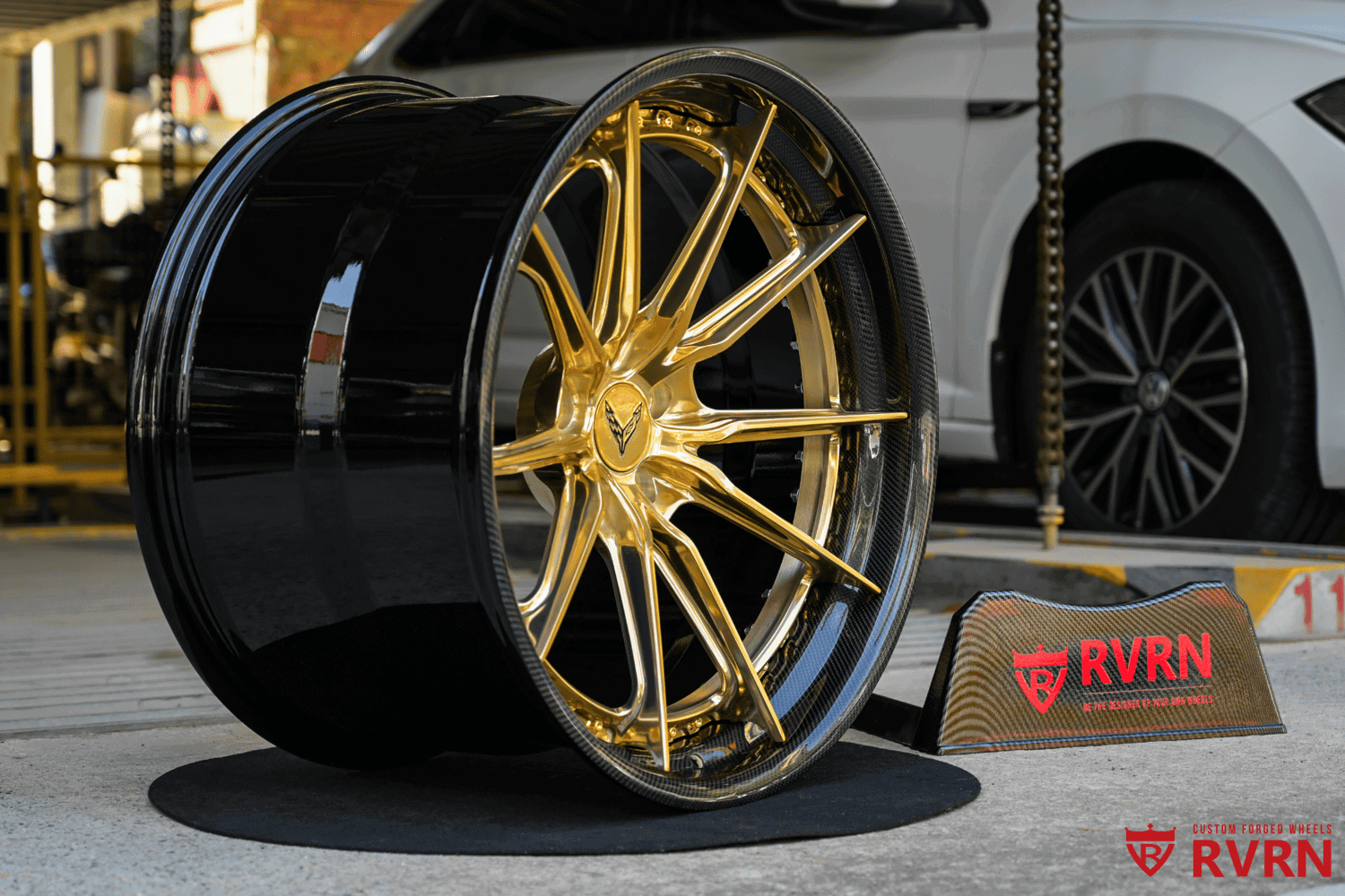 Detailed texture and polish on Frozen Gold forged wheels