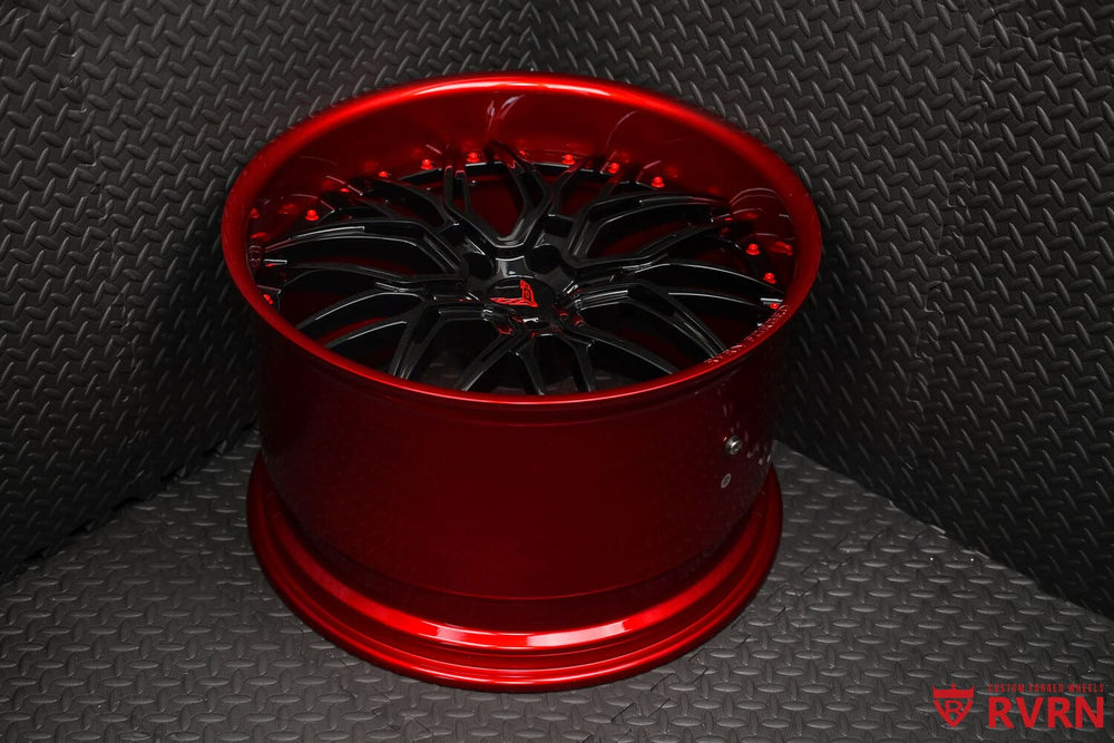 Red and black custom wheels for 2025 Corvette C8 E-Ray RV-T081 front angle