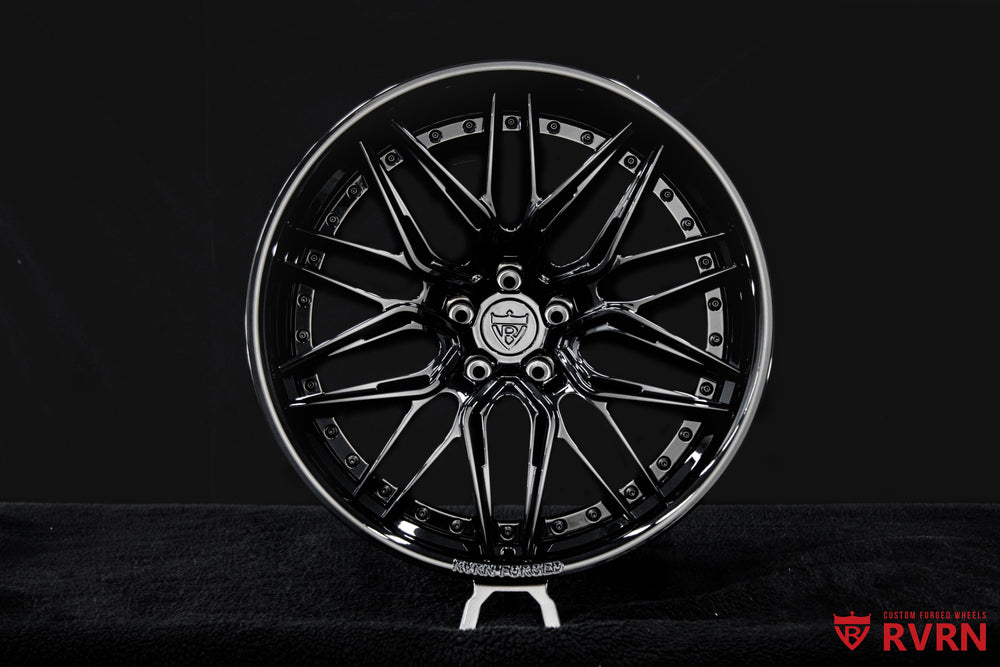 Side profile of a 2025 Corvette C8 Z06 equipped with RVRN RV-C081 Corvette C8 wheels in gloss black, custom forged 2-piece configuration.