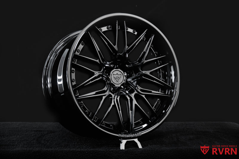 Close-up of the RV-C081 concave wheel face featuring an all gloss black finish, custom forged Corvette C8 wheels by RVRN Wheels.