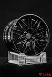 Front three-quarter view of a 2025 Corvette C8 Z06 on RVRN RV-C081 custom forged Corvette C8 wheels in all gloss black, concave 2-piece design, 20x10 +27 front and 21x13 +27 rear