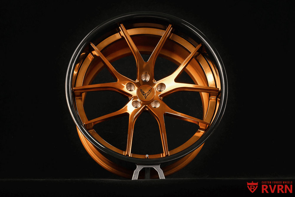 Polished bronze finish detail of RVRN custom forged wheels