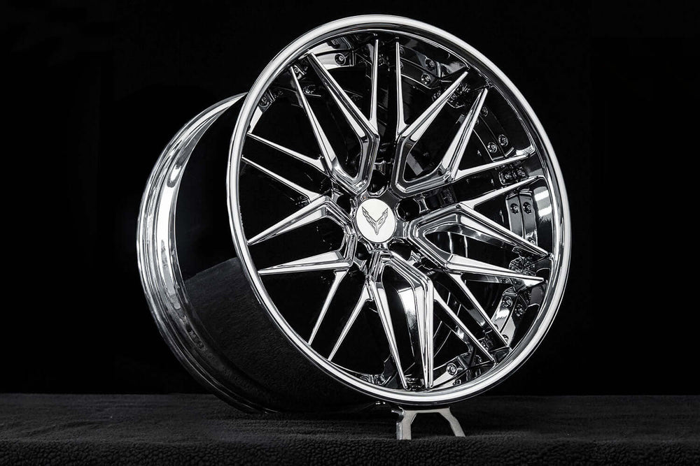 Corvette C8 Z06 custom chrome wheels RV-T081 front angle view