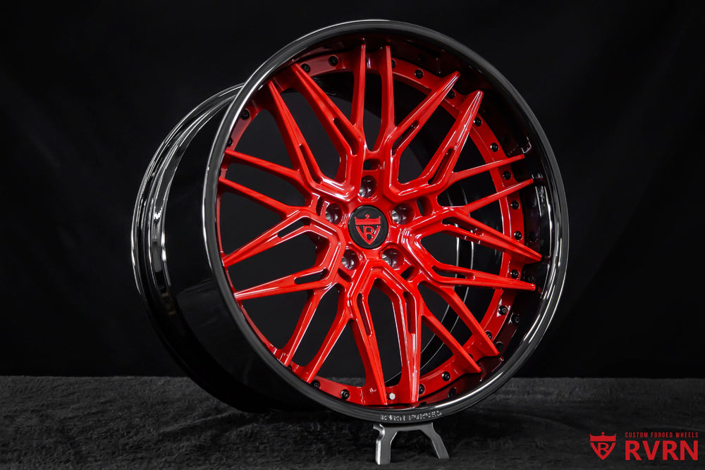 Close-up of Corvette C8 Z06 deep dish rims from RVRN RV-T081, showing the Y-spoke profile, Torch Red finish and 20x10/21x13 staggered fitment