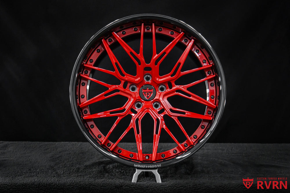 RVRN RV-T081 Corvette C8 Z06 forged wheels with Torch Red Y-spokes and Gloss Black barrel, 20x10 front and 21x13 rear
