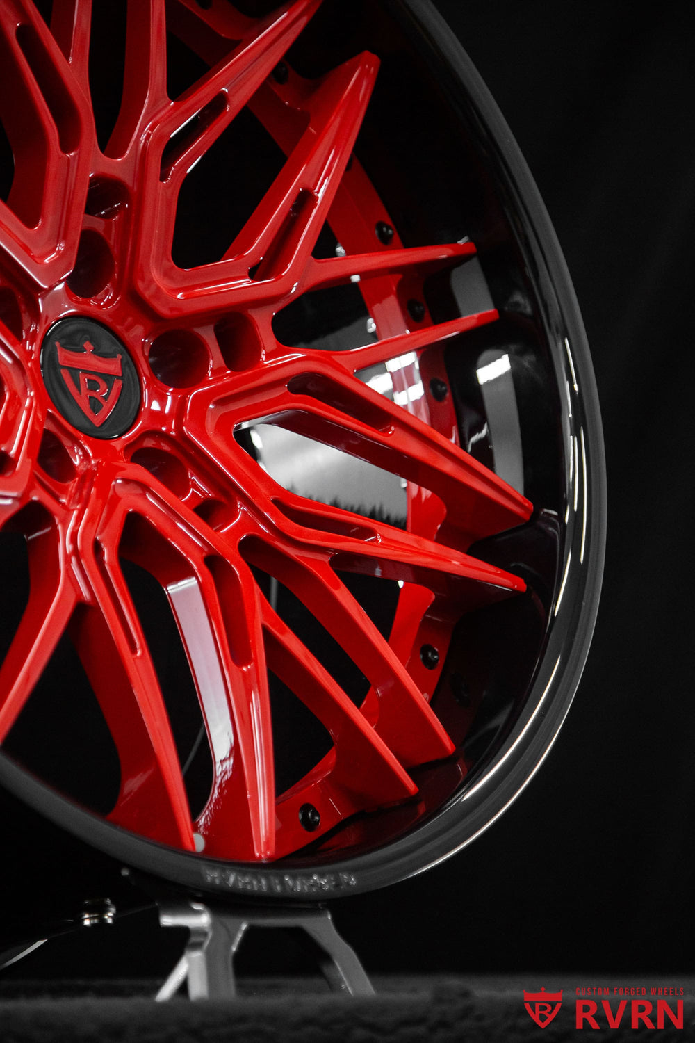 RVRN RV-T081 Corvette C8 Z06 deep dish forged wheels with Torch Red spokes and Gloss Black barrel, custom 20x10 front and 21x13 rear sizing