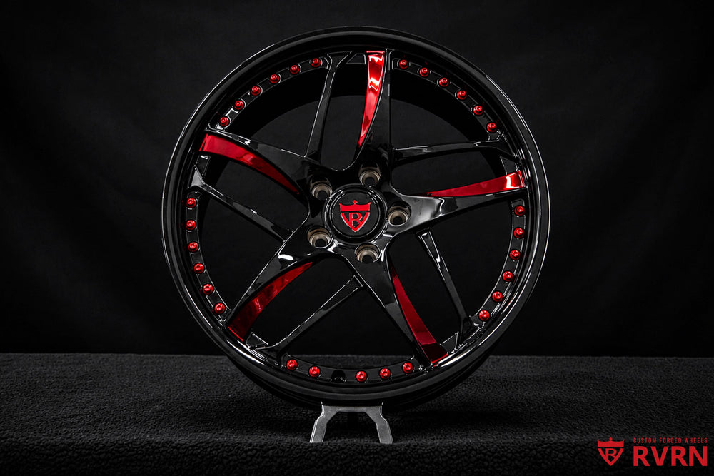 Front view of a 2025 Corvette C8 Stingray on RVRN RV-MC36 custom forged wheels in gloss black and red finish, 19x8.5 front and 20x11 rear fitment
