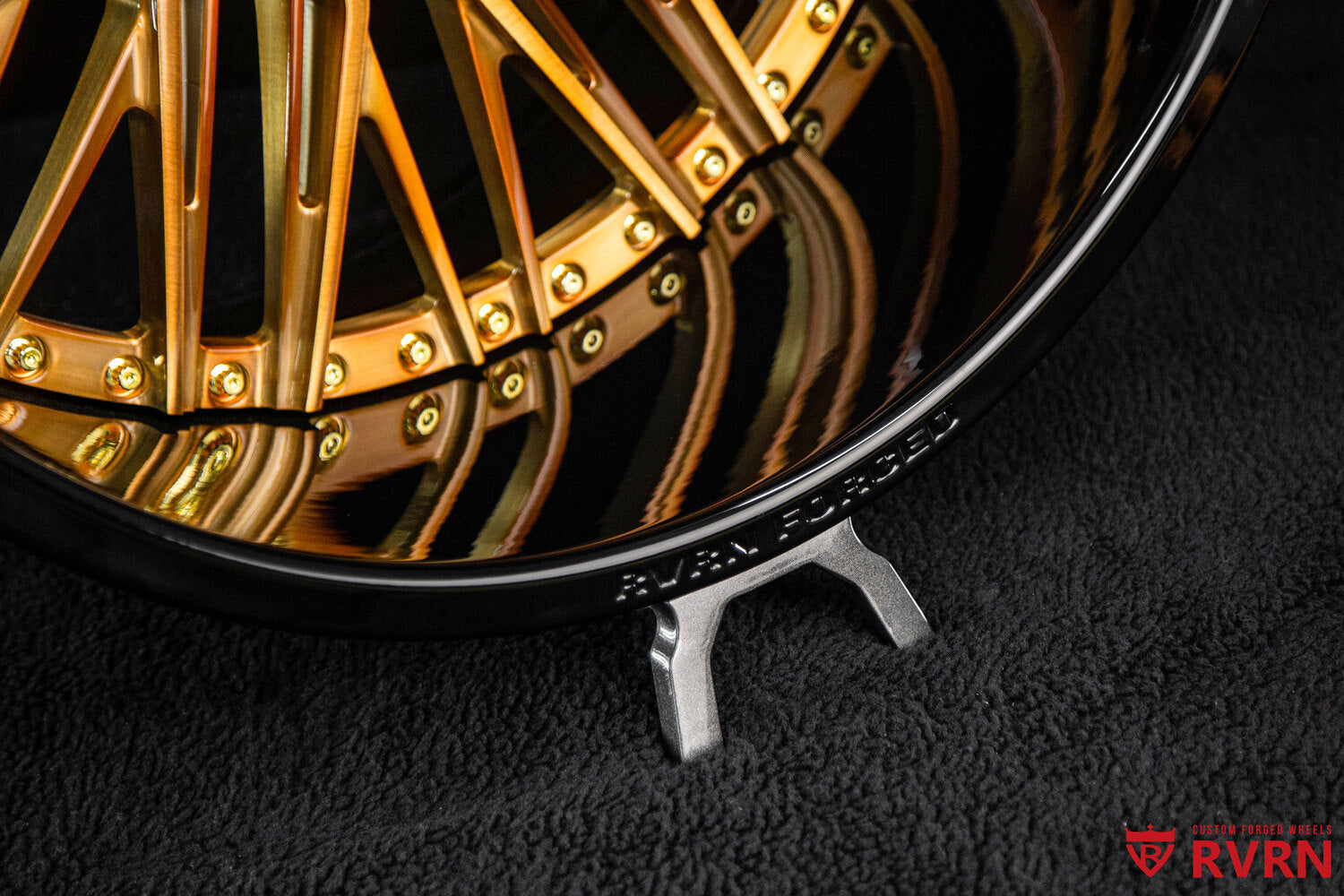 Detail of transparent light copper spokes forged truck wheel