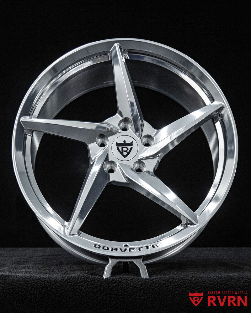 Close-up of RVRN custom forged monoblock wheels for 2025 Corvette Stingray