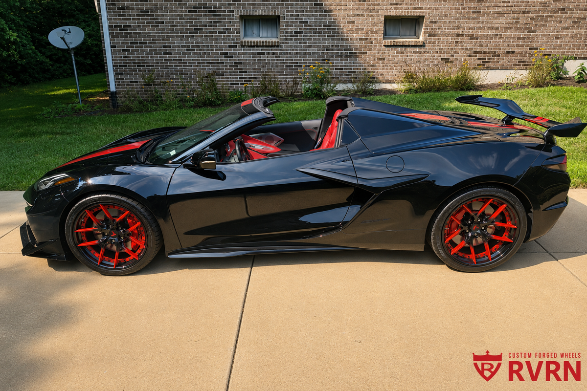 Side view of a 2025 Corvette C8 Z06 on RVRN RV-DR08D custom forged 2-piece Y-spoke deep dish wheels with red-to-black gradient spokes and gloss black barrel.