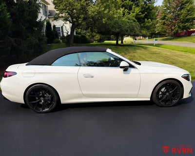Side view of a 2025 Mercedes-Benz CLE300 on RVRN RV-MR05 lightweight forged monoblock wheels in piano black finish.