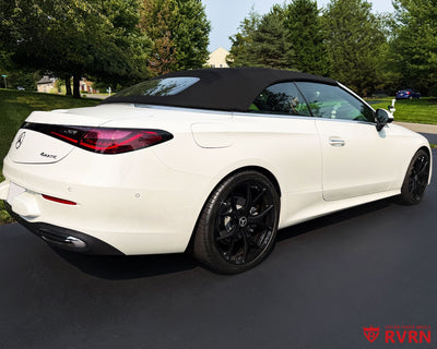 Rear three-quarter view of a 2025 Mercedes-Benz CLE300 on RVRN RV-MR05 lightweight forged monoblock wheels with piano black finish.
