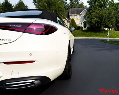 Rear detail view of a 2025 Mercedes-Benz CLE300 showing RVRN RV-MR05 piano black custom forged wheels.
