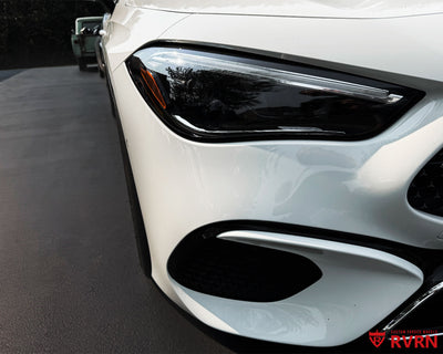 Front headlight detail of a 2025 Mercedes-Benz CLE300 paired with RVRN RV-MR05 gloss black forged monoblock wheels.