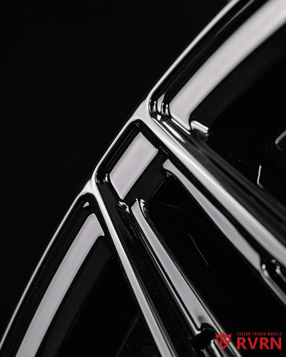 Front wheel angle shot of RV-MS808, gloss black concave 20x12 wheels for Corvette ZR1, custom forged.