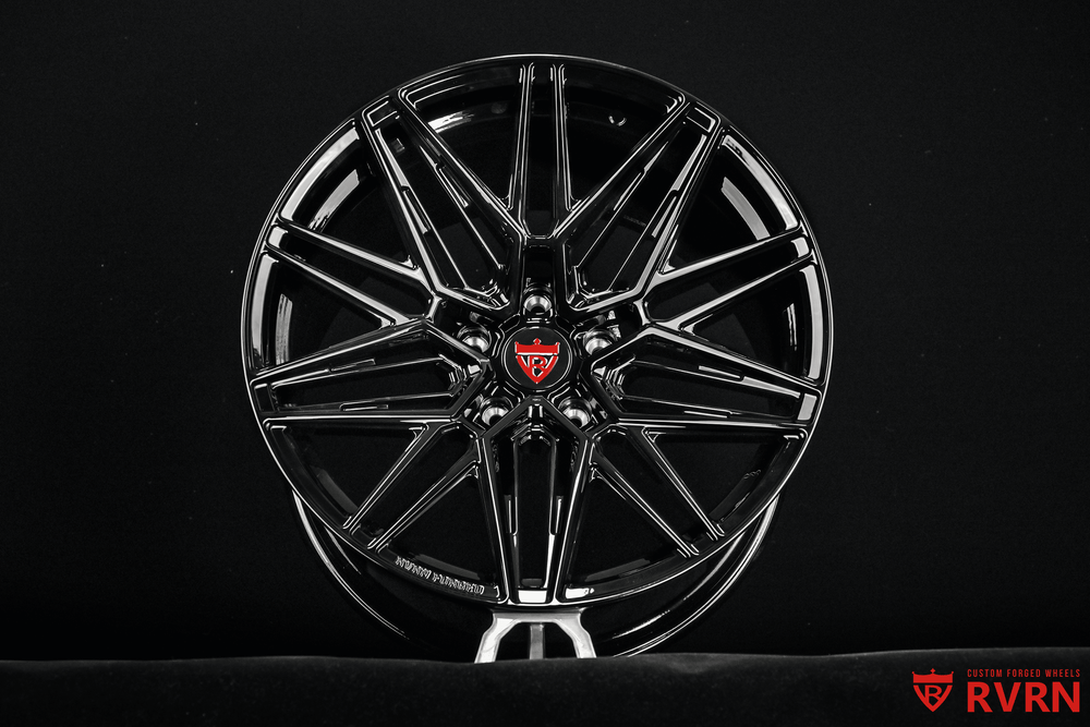 Front angle of RV-MS808 Corvette ZR1 wheels, 20x12, gloss black concave, designed for custom Corvette ZTK setup.