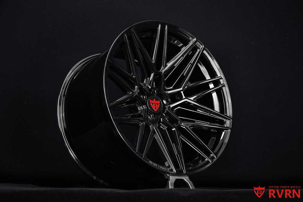 Side profile of RV-MS808 wheels on 2026 Corvette ZR1 ZTK, 20x12 concave, all gloss black, performance fit.