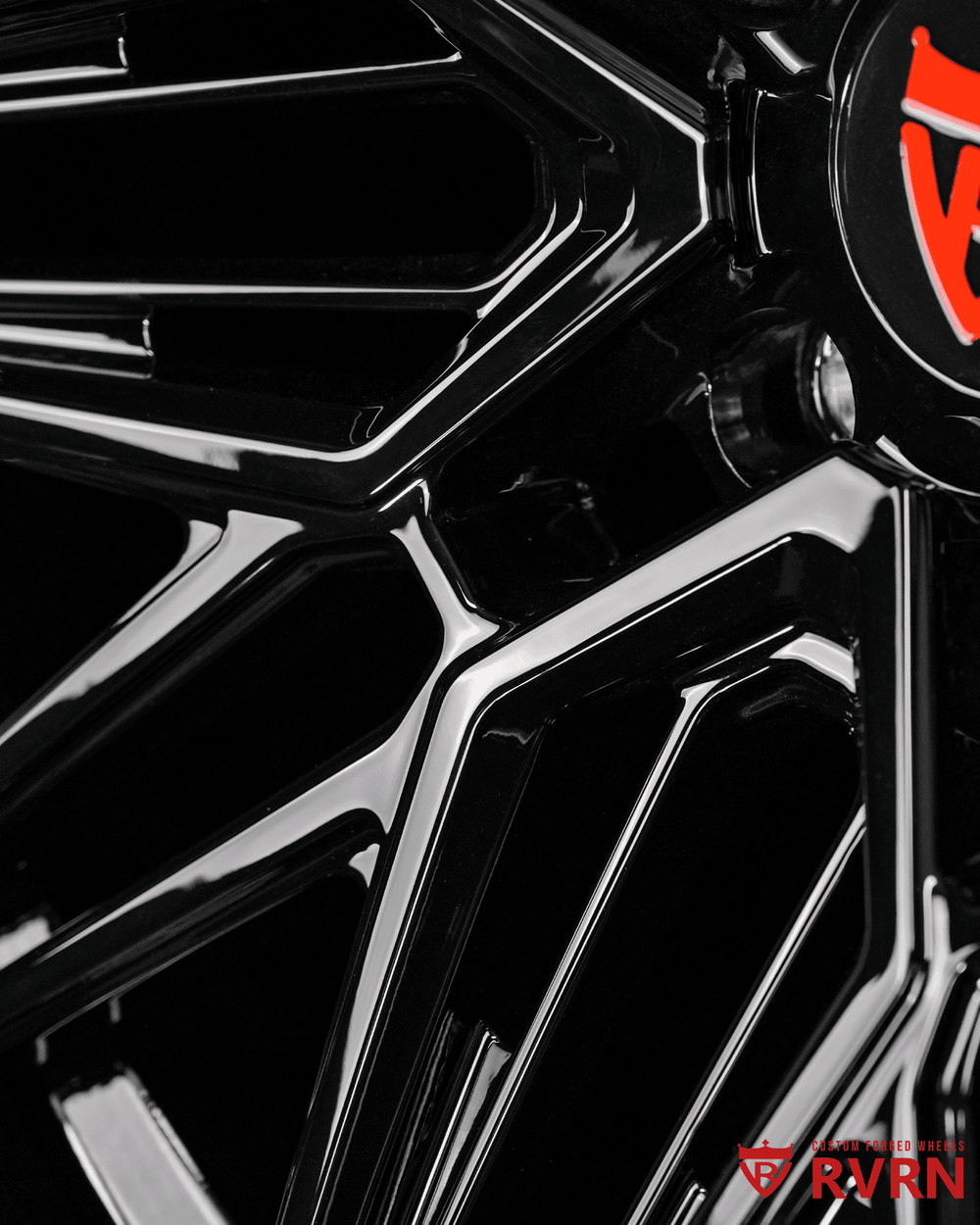 Close-up of RV-MS808 gloss black concave spokes on Corvette ZR1, custom 20x12, precision forged design.