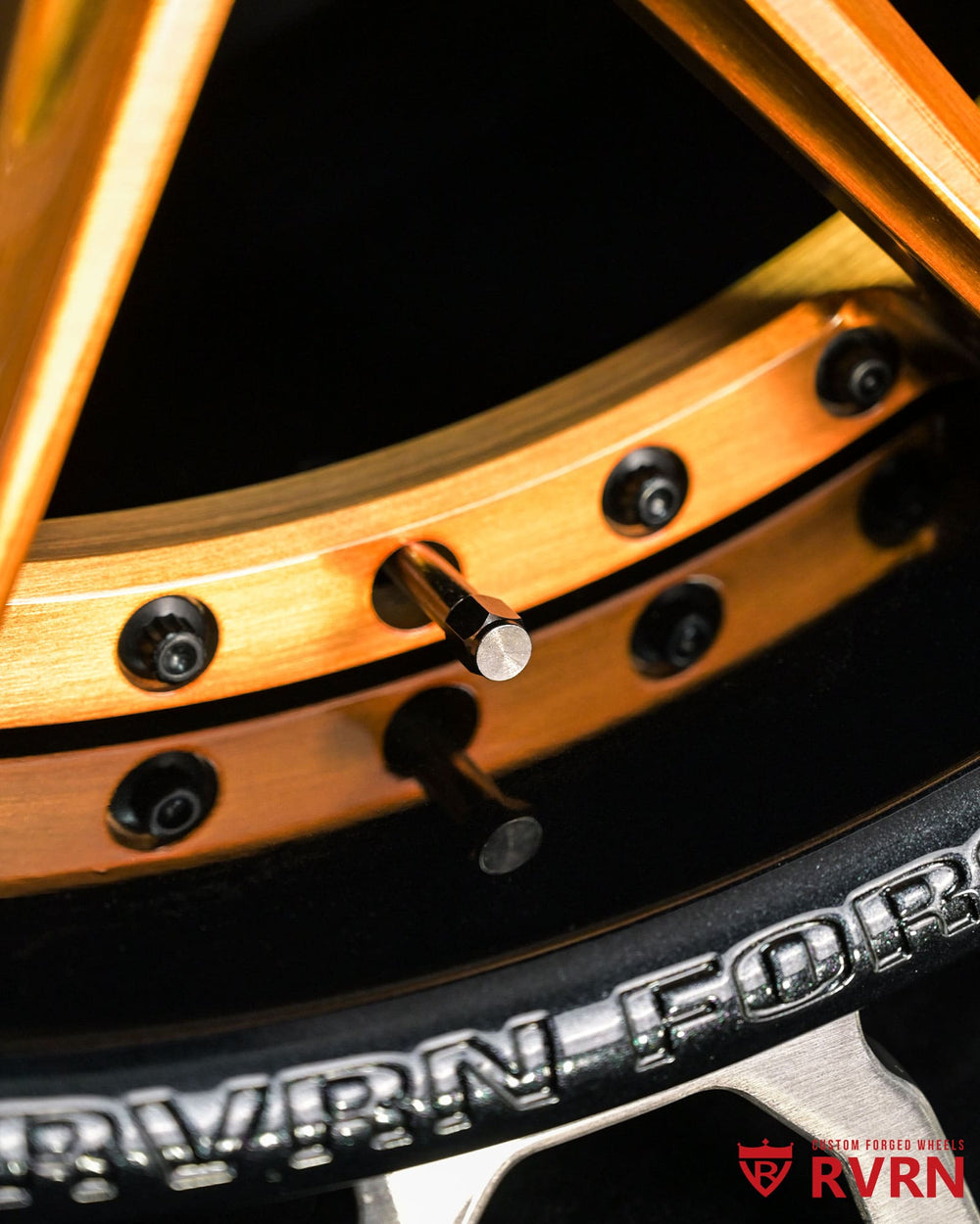 custom forged wheels for Corvette C8 E-Ray build detail brushed bronze spokes black screws precision finish