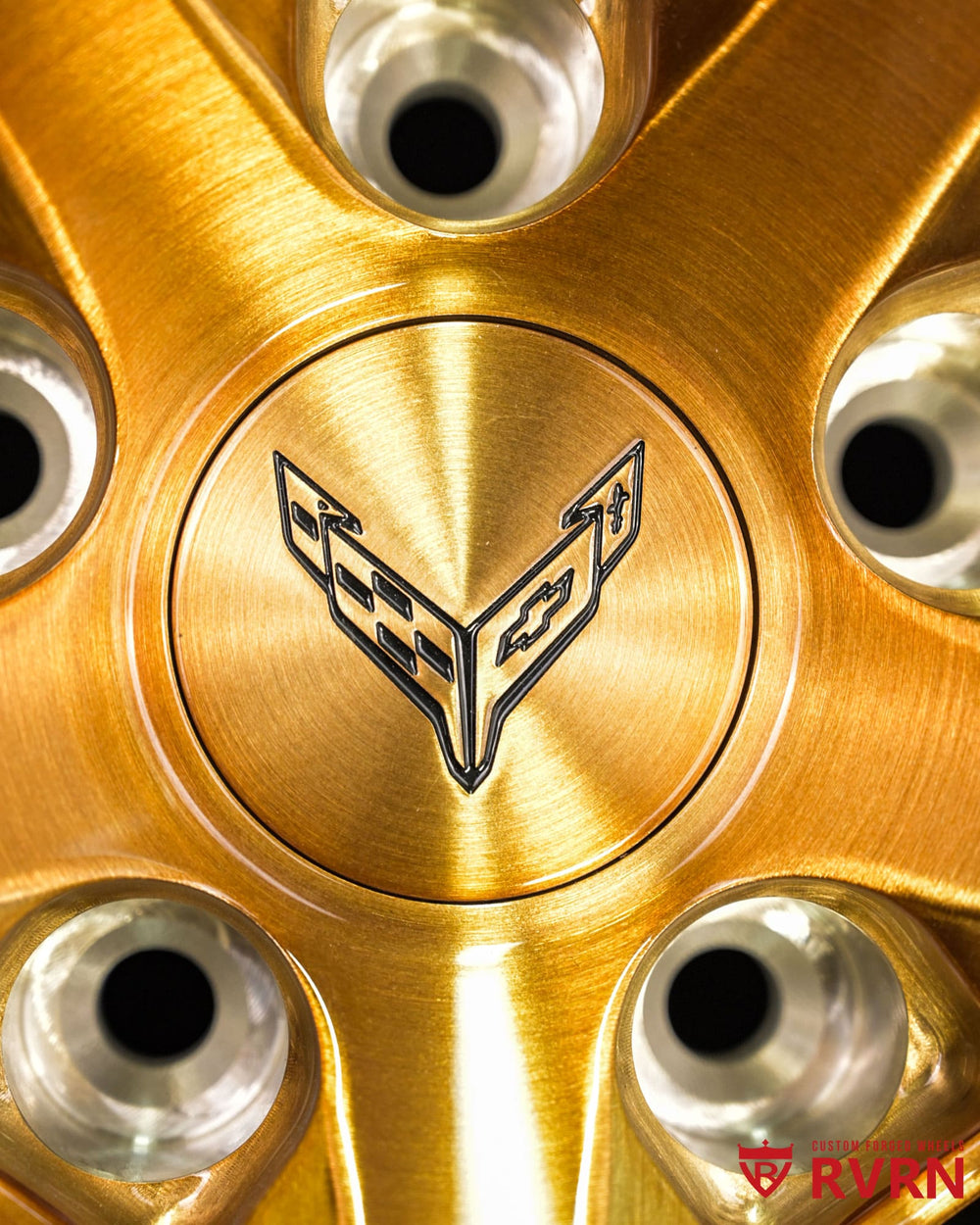 Corvette C8 E-Ray brushed bronze wheels close-up spoke detail 20x10 front wheel custom forged wheels
